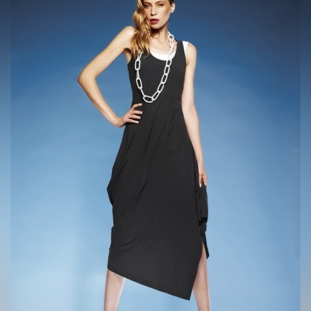 PAULA RYAN BLACK SLEEVELESS STRAIGHT LAGENLOOK ASYMMETRICAL SHIFT DRESS SZ S